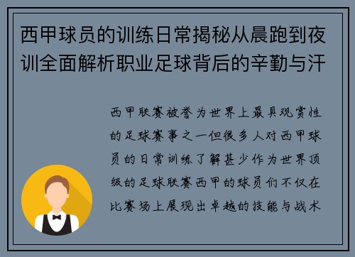 西甲球员的训练日常揭秘从晨跑到夜训全面解析职业足球背后的辛勤与汗水